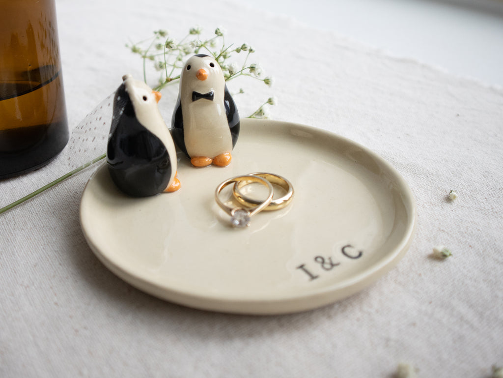Handmade Ceramic Trinket Dish with Penguin Couple with Initials