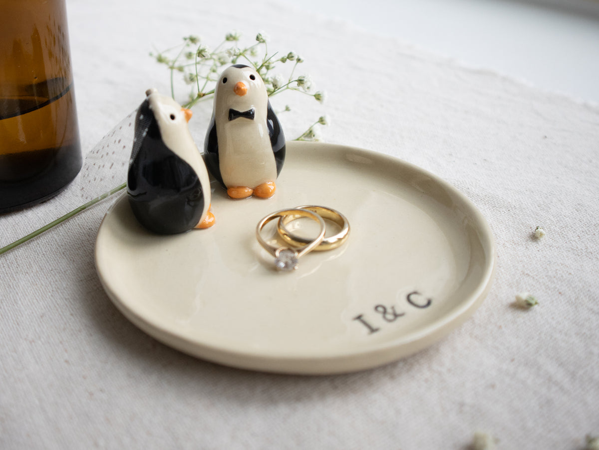 Handmade Ceramic Trinket Dish with Penguin Couple with Initials