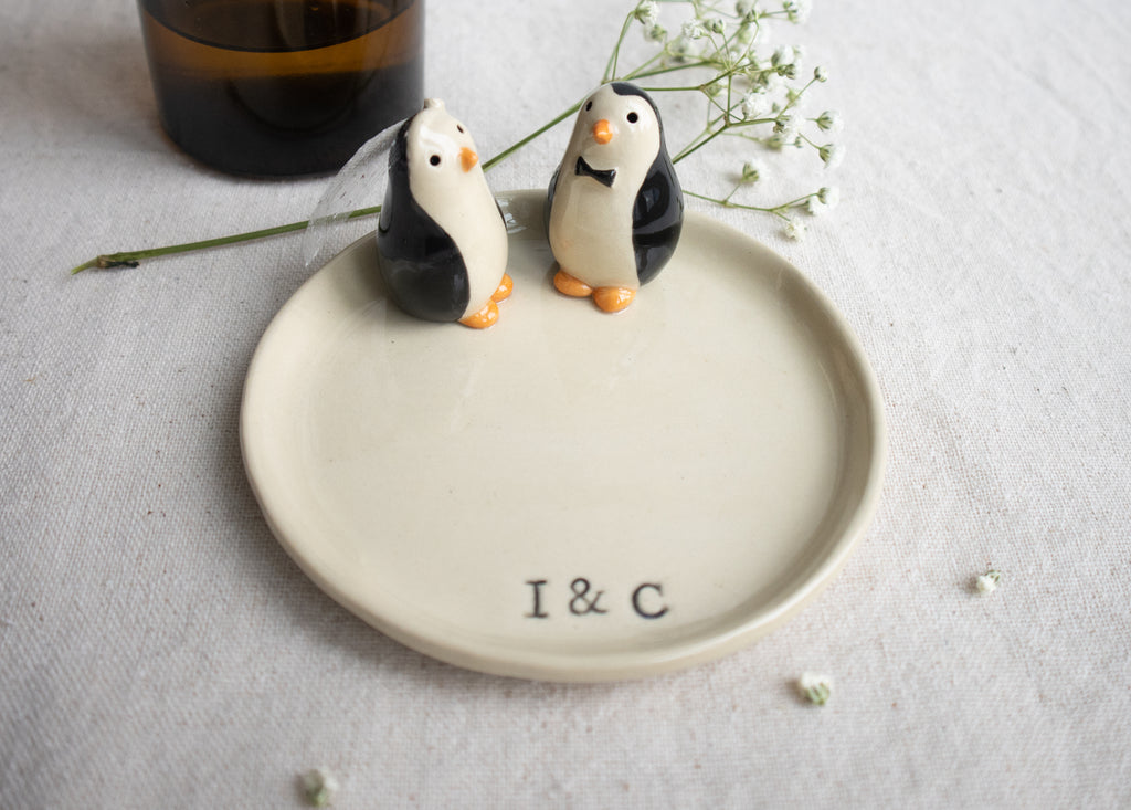 Handmade Ceramic Trinket Dish with Penguin Couple with Initials