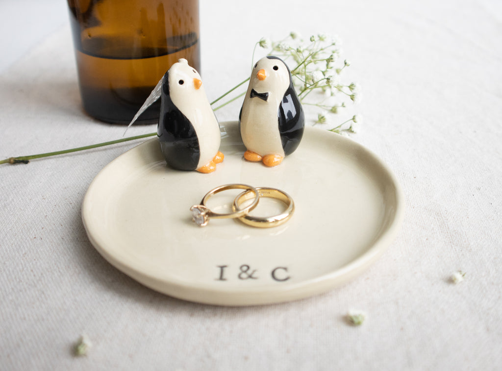 Handmade Ceramic Trinket Dish with Penguin Couple with Initials